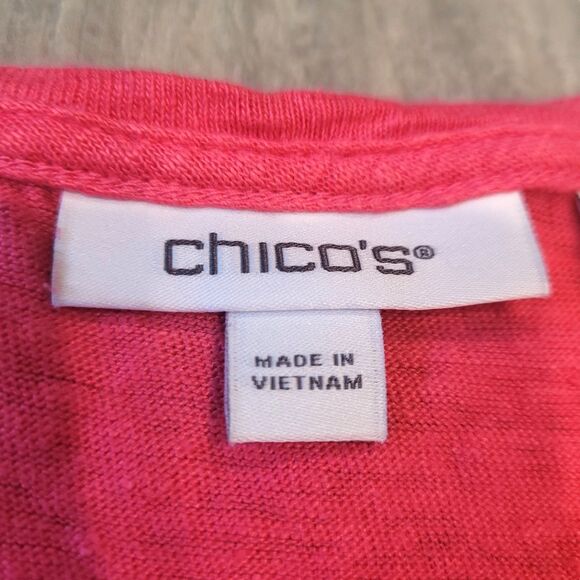 Chico's Pink 100% Linen Flutter Sleeve Top Size 3 (XL) V-Neck Fringe Hems - Picture 3 of 7